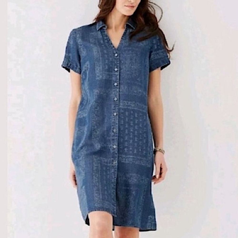 NWOT. J. Jill Denim Chambray Mixed Print Blue Jean Tunic Shirt Dress Size Large